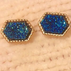 Navy Blue Gold Druzy Stud Post Earrings Minimalist